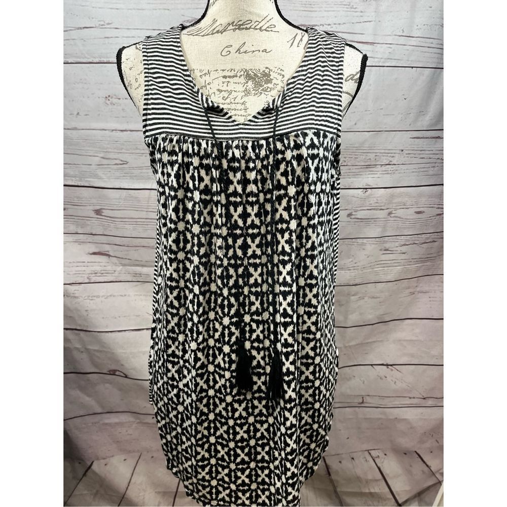 Rose & Olive Black White Geo Print Tassel Neck Sleeveless Midi Dress Women's‎ M